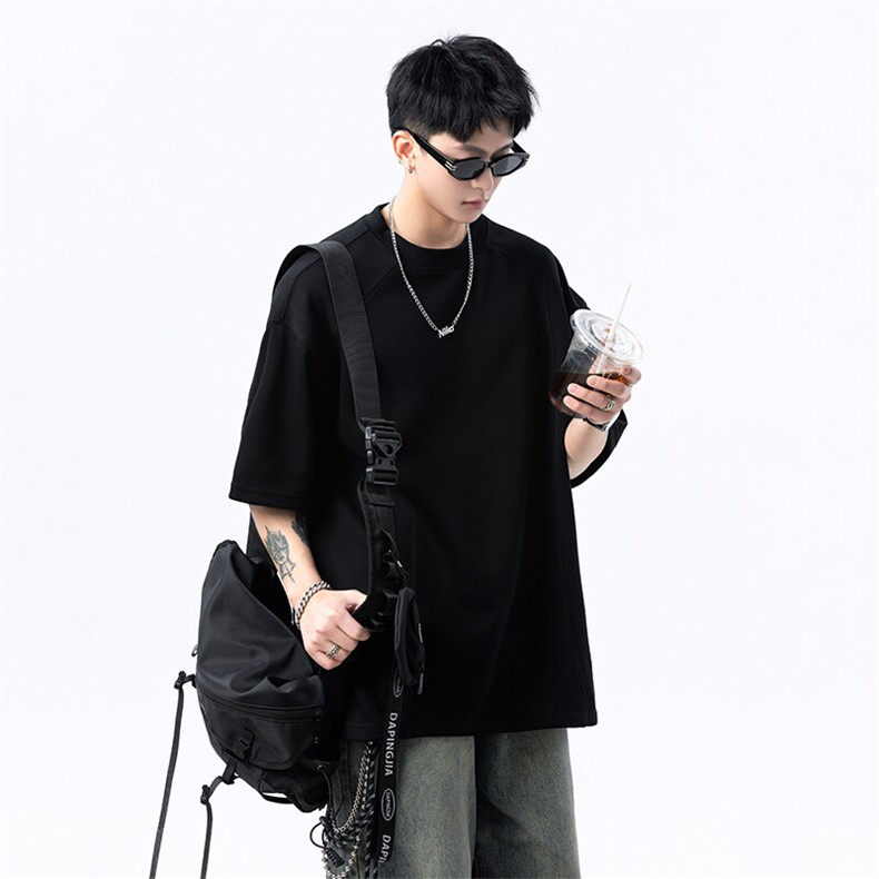 港风美式vibe潮流宽松拼接款圆领半袖T恤男潮XZ213-T008-P35控58,男装T恤,星座213