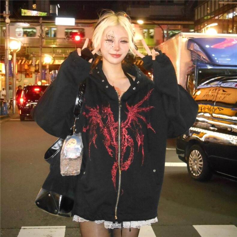 美式重磅龙骨恶魔印花铆钉做旧宽松长袖拉链连帽衫卫衣外套,女装短外套,星座410-6（原星座1304-1）