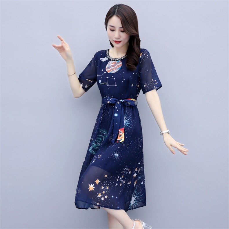 碎花2021年夏季订珠系带收腰时尚气质中长款百搭韩版优雅连衣裙,女装连衣裙,瑶迪依秀