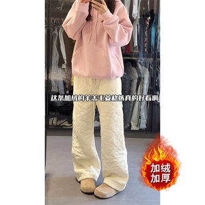加绒保暖棉裤女宽松棉裤慵懒风菱格设计直筒裤男D7026-TP5578图片