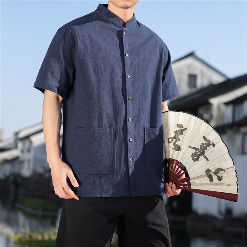 2026夏季新款风盘扣纯色休闲宽松大码苎麻T恤CS2606,男装T恤,电商A008