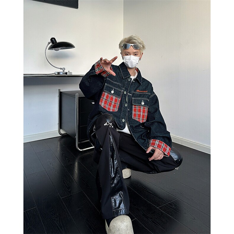 2025春装牛仔外套男口袋格子拼接痞帅宽松夹克潮牌A025-Y98-P75,男装夹克,电商A025
