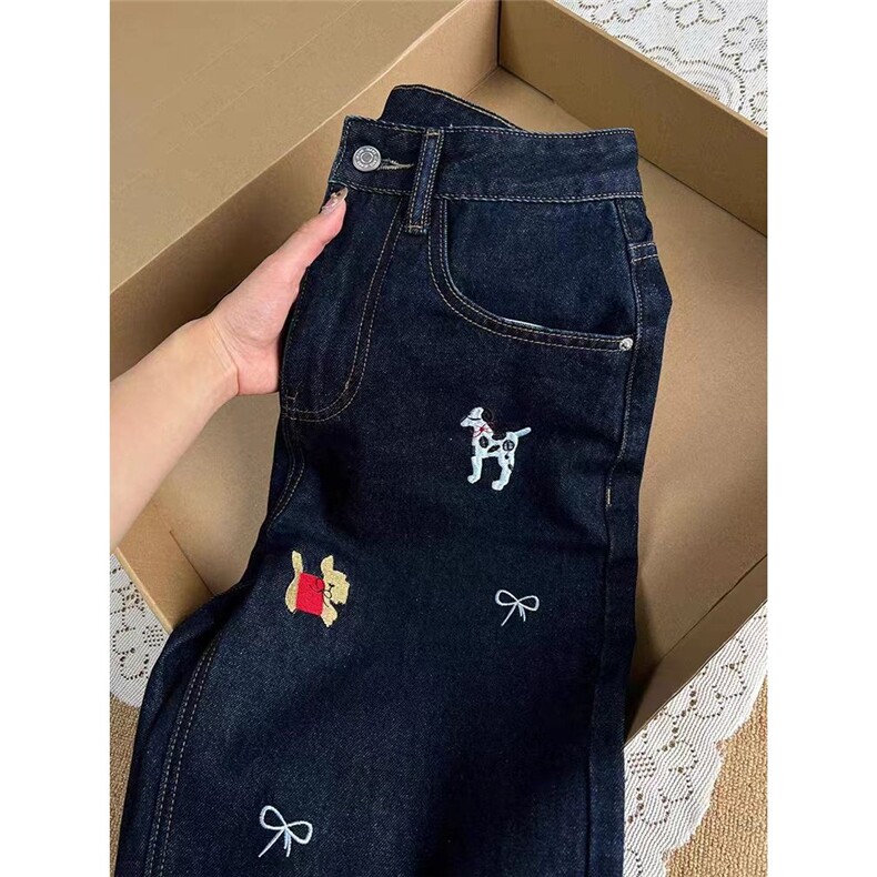 复古深蓝色小狗刺绣牛仔裤女夏季慵懒松弛感直筒阔腿拖地梧桐裤子,男装牛仔裤,星座1210-1