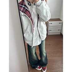 潮牌美式hiphop连帽开衫卫衣男秋冬宽松高街小众情侣灰色休闲外套，女装短外套，四季星座505