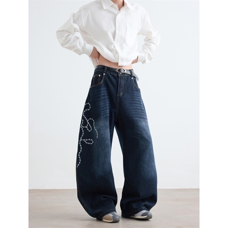 XZ-221-5/K1784/P48美式复古玫瑰刺绣阔腿弯刀情侣牛仔裤,男装牛仔裤,星座221-5
