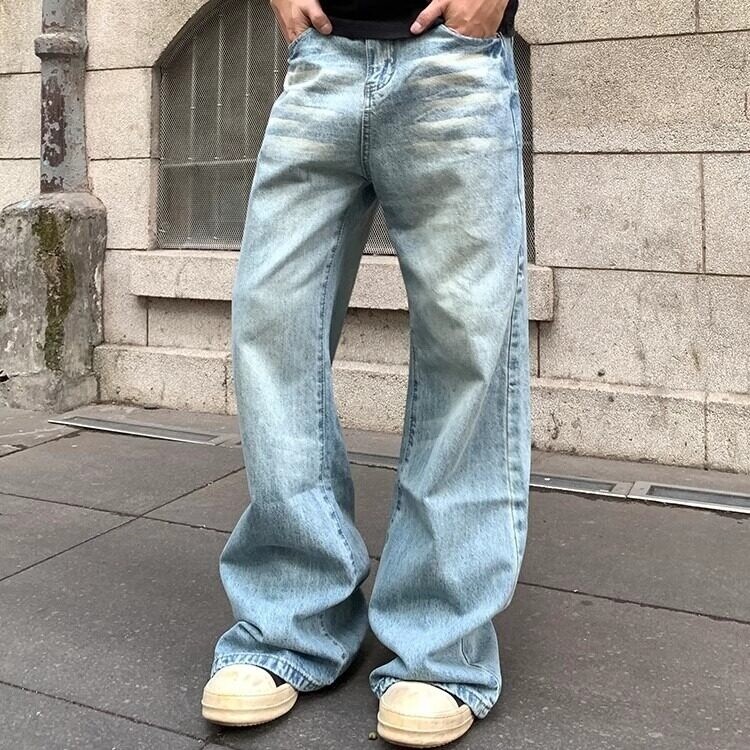 25美式复古做旧冰蓝色微喇显瘦牛仔裤宽松直筒百搭高街裤G016P50,男装牛仔裤,电商D256-2(原A064-2)