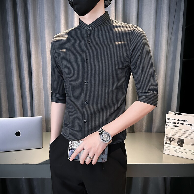 夏季男士七分袖条纹衬衫立领男休闲修身休闲衬衣A236-C661-P58图片