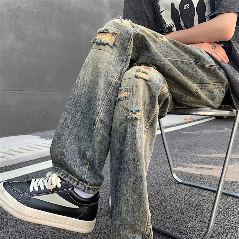 美式破洞牛仔裤男士宽松高街刺绣补丁做旧阔腿直筒长裤,男装牛仔裤,星座410-7