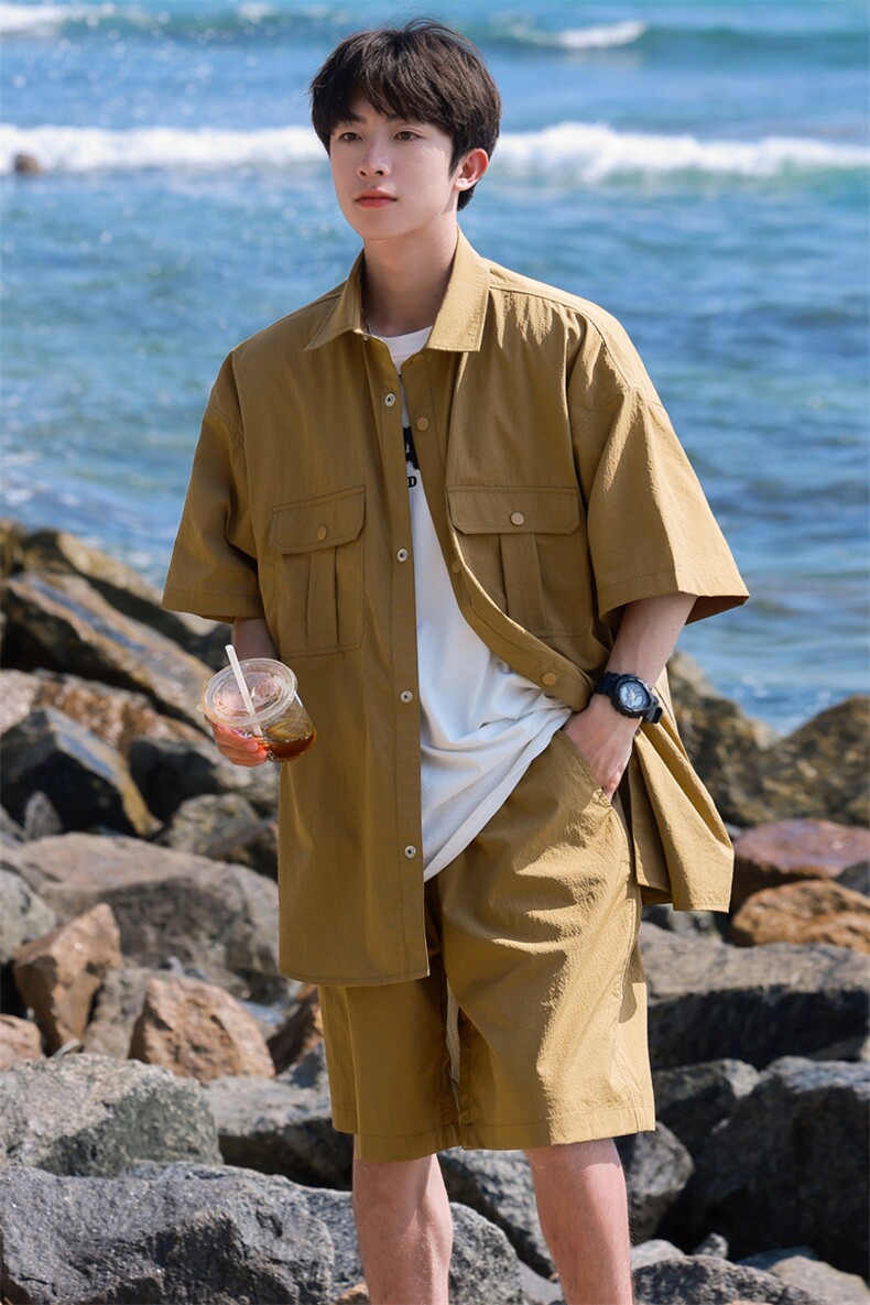 夏季套装男高品潮牌五分袖衬衫短裤大码两件套DSA157B-C70-P85,男装牛仔裤,电商A157B