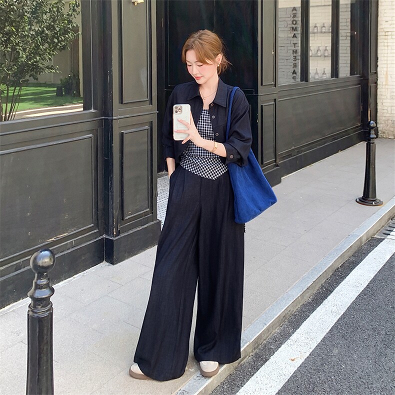设计感宽松休闲淡人三件套女2025秋季减龄上衣格纹吊带阔腿裤套装,女装套装/套裙,欧黛芙妮