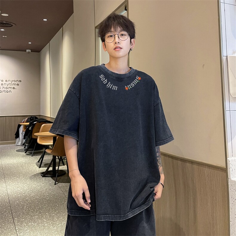 量大优供视频240g重磅美式炒雪花水洗做旧短袖t恤STX539-特P25,男装T恤,电商B371