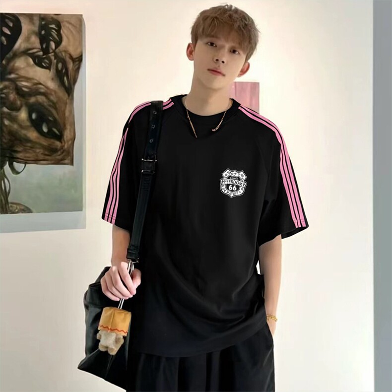 抖音得物品质二开240克宽松纯棉美式潮牌印花三条杠中性风短袖T恤,男装T恤,电商A486-1