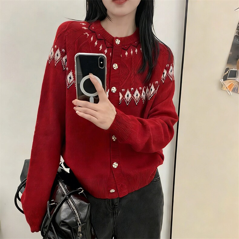 2026年秋季时尚百搭通勤简约休闲费尔岛加厚开衫，女装羊毛衫，新胜羊绒