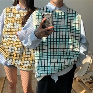 韩版毛背心男宽松个性格子潮流复古马甲毛衣 T016-P55图片