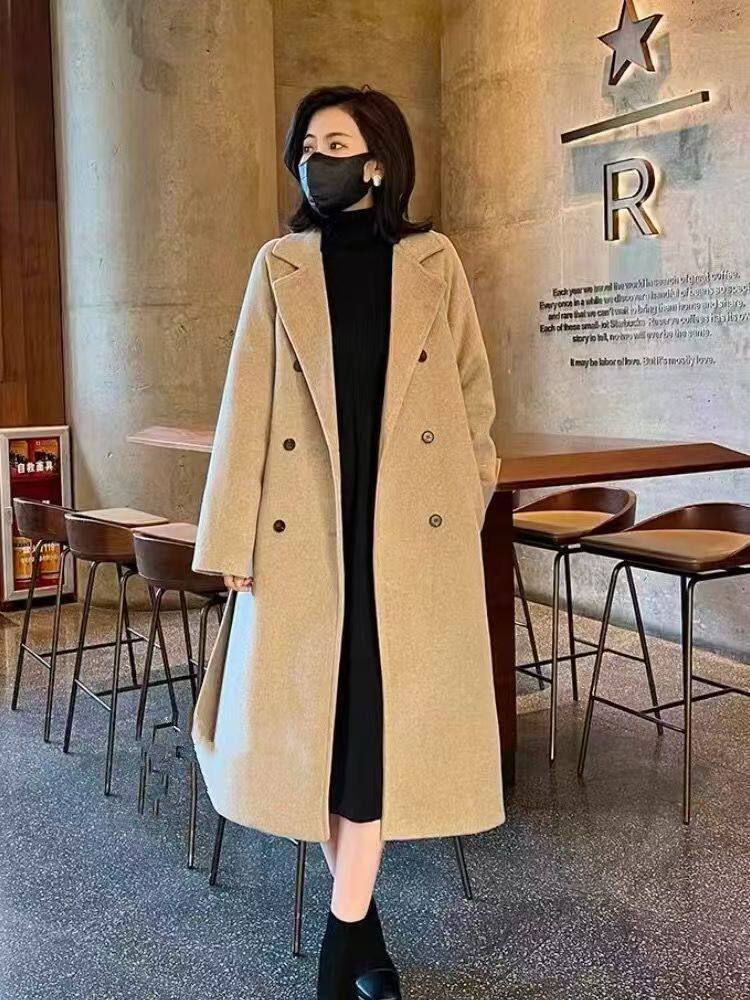 呢子外套女中长款2025秋冬新款高级感双排扣白鸭绒毛呢大衣羽绒服，女装毛呢外套，红依娜