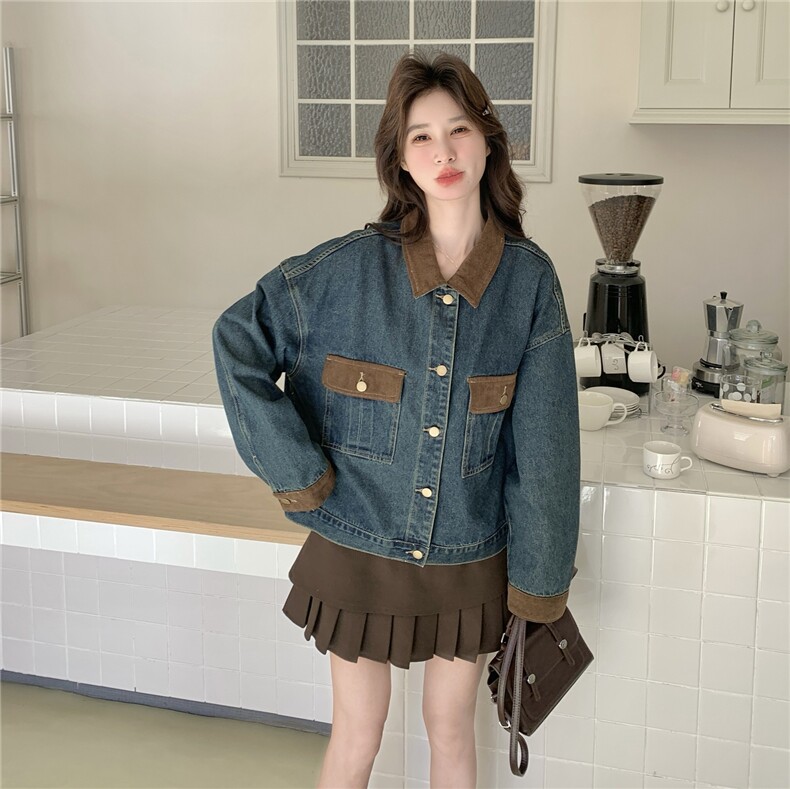 春装新款牛仔拼接PU皮短款外套2C153-8938-P155K248,女装短外套,2C153