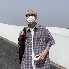 潮五分袖新款标准衬衫格子夏季男文艺青春流行ins慵懒方领简约，男装衬衫，星座716-4