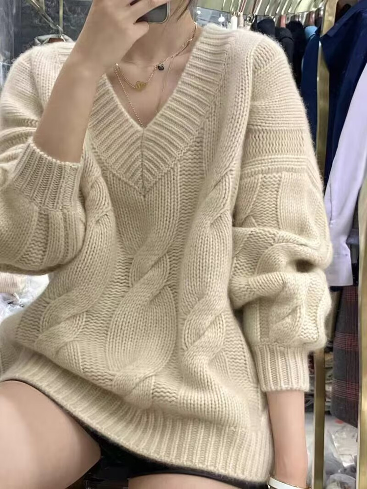 时尚百搭纯澳毛鸡心领大扭花女羊毛衫简约显瘦长袖针织衫舒适保暖,女装羊毛衫,莺澜羊绒