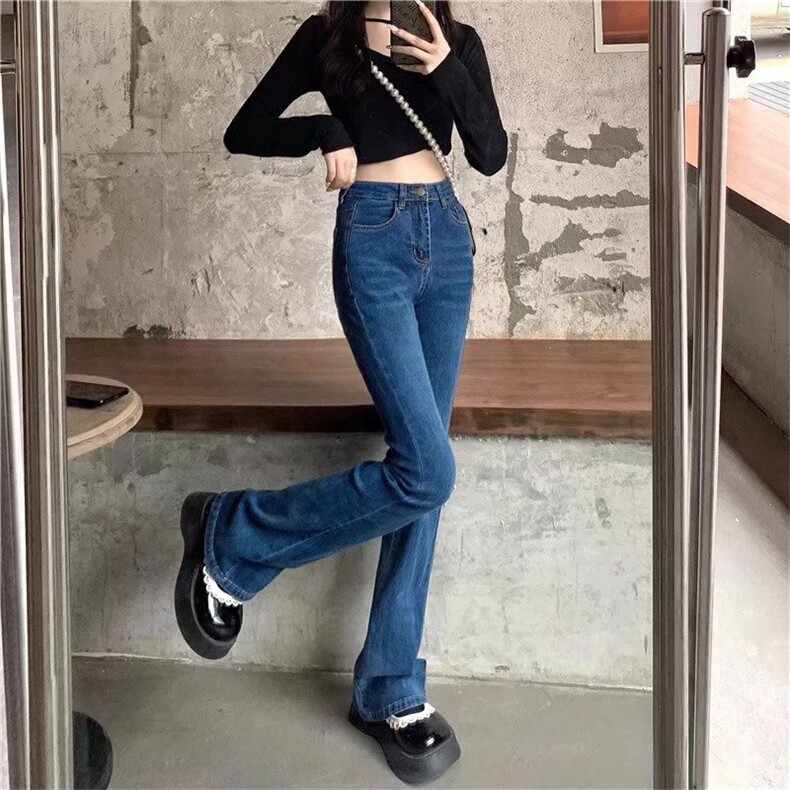 新款修身显瘦牛仔裤女古着复古显腿长微喇叭裤子,女装牛仔裤,中性港风女装