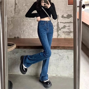 新款修身显瘦牛仔裤女古着复古显腿长微喇叭裤子图片