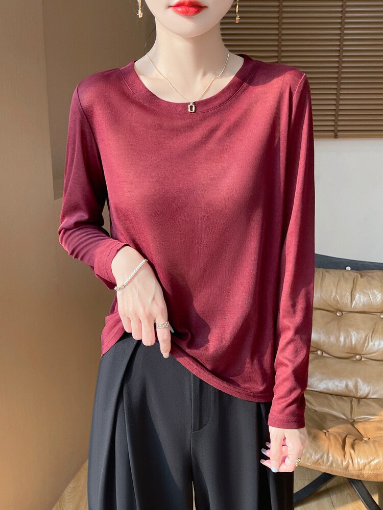圆领新款针织女长袖纯色简约百搭宽松套头上衣,针织衫/毛衣,绒宛羊绒