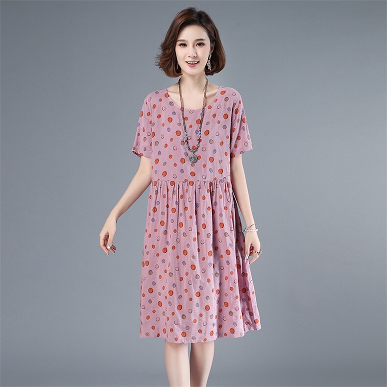 2021年夏季通勤韩版中长款A字裙圆领印花圆点套头40-49周岁裙子,女装连衣裙,伊满意
