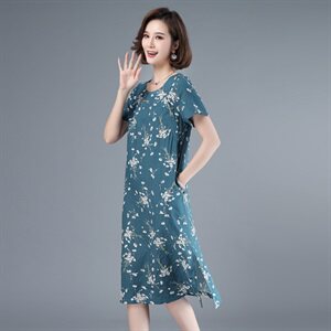 2021年夏季中长款通勤高腰A字裙40-49周岁印花圆领套头韩版裙子图片