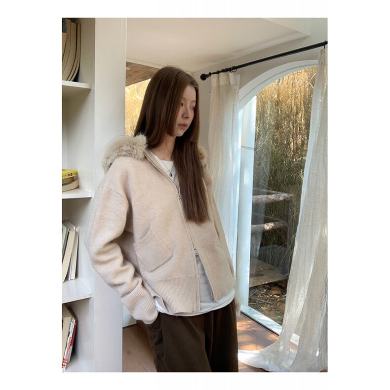 韩系小香风连帽毛领针织开衫女秋冬新款慵懒毛衣外套加厚软糯上衣,男装针织衫/毛衣,星座506A