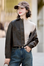 安哥拉红皮衣外套女2024新款秋季女装短款复古机车小个子短外套潮，女装皮衣，美沁