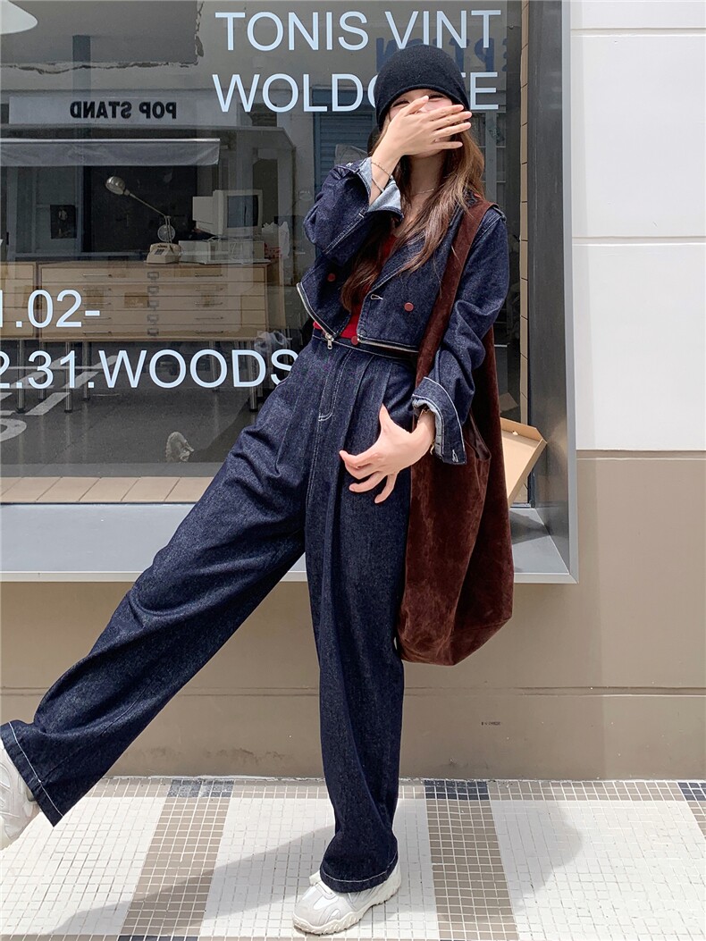 (新款现货）2026春装活性牛仔面料肩章可脱卸两件套拉链连体裤,女装连体裤,印象茜