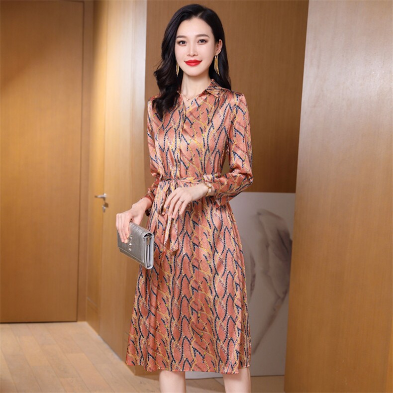 高级感长袖真丝缎面连衣裙女2026新款春夏时尚杭州重磅真丝裙子图片