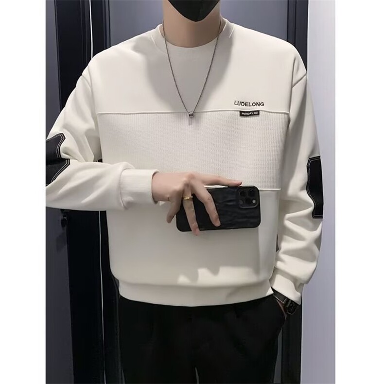 秋冬季新款坑条纹拼接简约休闲卫衣男士潮流贴布撞色圆领百搭上衣,男装卫衣,星座506A