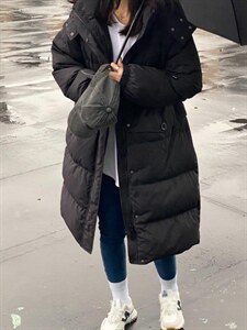 腰抽绳长款羽绒服图片