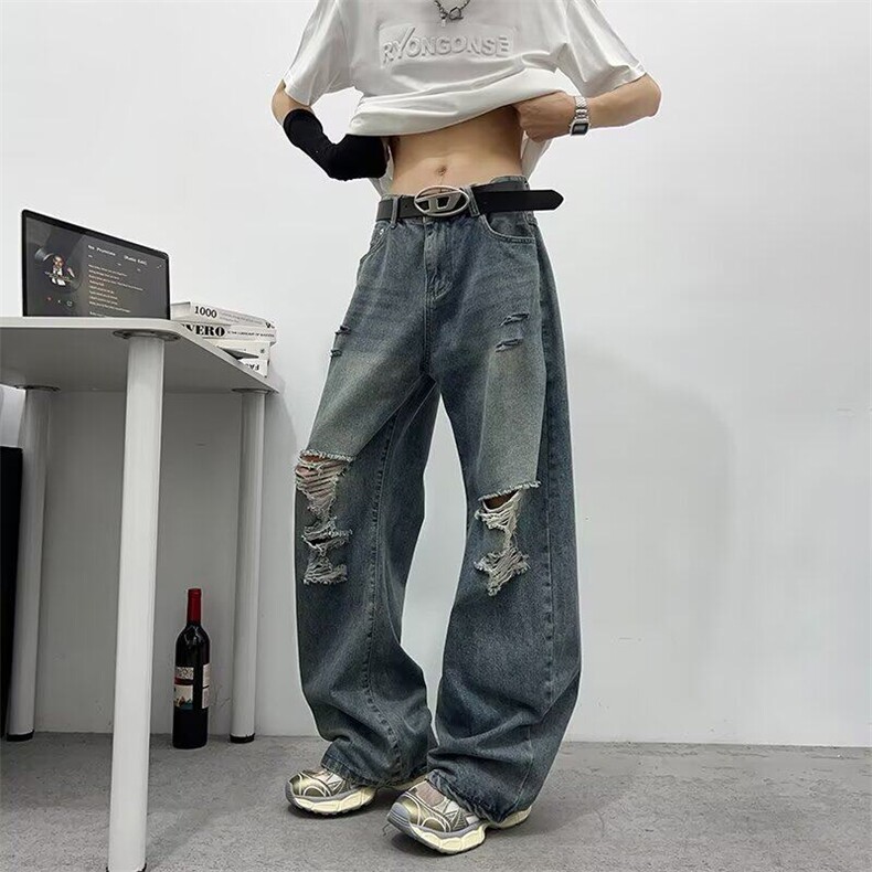 美式破洞牛仔裤男款2025夏季潮牌裤子设计感直筒阔腿裤RK2985-P49,男装牛仔裤,星座412-2