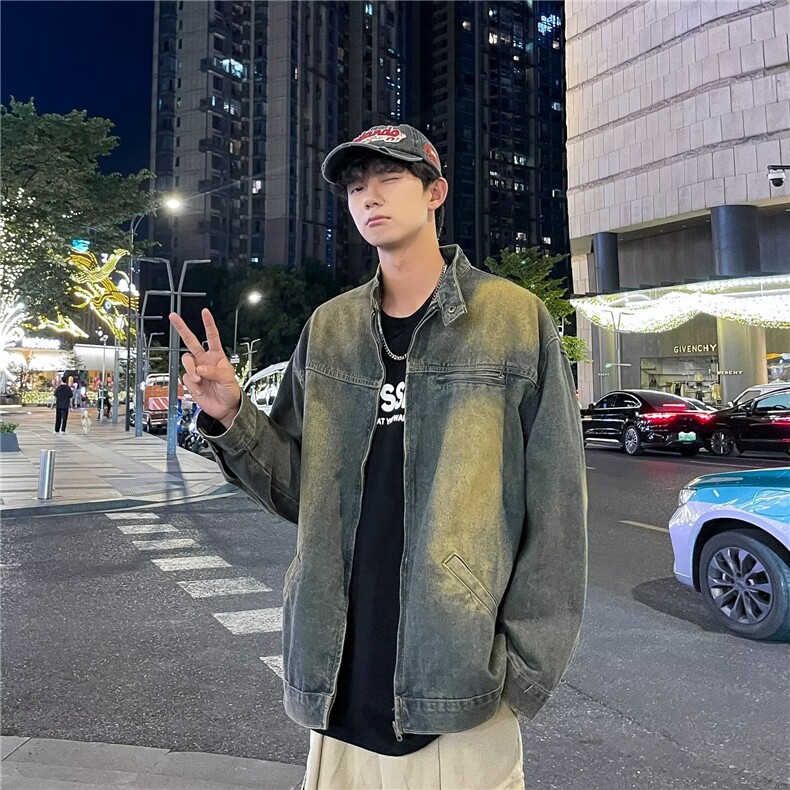 美式复古vibe牛仔外套秋季潮牌宽松水洗做旧上衣痞帅立领夹克男款,男装夹克,星座410-6（原星座1304-1）