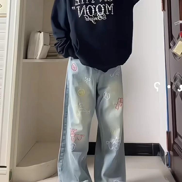 工装卡通印花牛仔裤男女款秋冬美式高街设计感裤子直筒弯刀微喇裤,男装牛仔裤,四季星座505