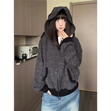 兔毛绒兔耳朵条纹开衫外套拉链衫上衣WY308特P83，女装短外套，星座908-1