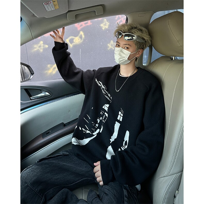B309P70秋季拼色圆领毛衣男美式复古潮牌宽松休图片