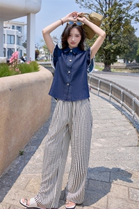 2025年夏季新款时尚韩版蕾丝花边牛仔马甲条纹休闲日常宽松裤图片