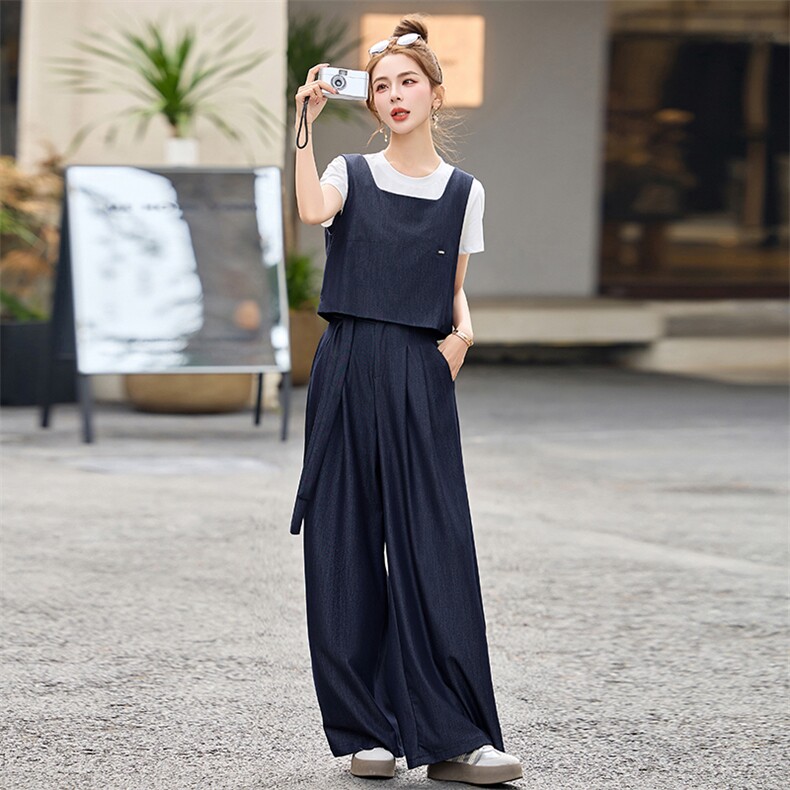 天丝牛仔套装女2025夏新款超火休闲减龄韩系马甲阔腿裤穿搭一整套,女装套装/套裙,魅影
