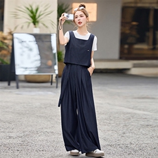天丝牛仔套装女2025夏新款超火休闲减龄韩系马甲阔腿裤穿搭一整套，女装套装/套裙，魅影