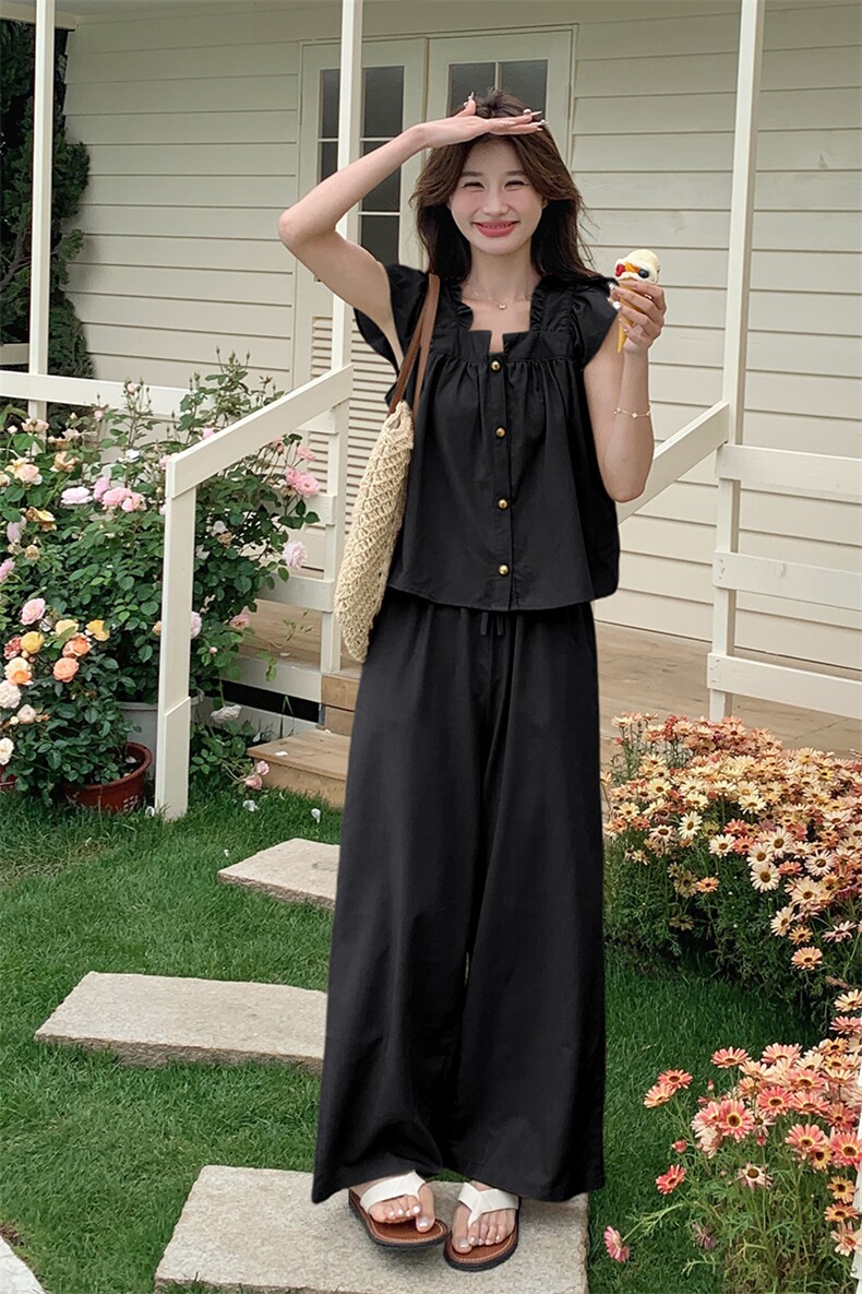 黑色气质飞飞袖小衫阔腿裤女夏装新款学院风显瘦休闲长裤两件套，女装运动套装，浙宝285（原212）