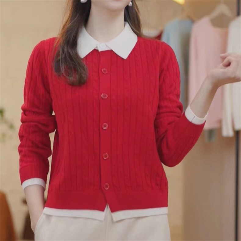 时尚百搭纯毛翻领扭花双层领开衫优雅显瘦长袖针织衫,女装羊毛衫,忠诺羊绒