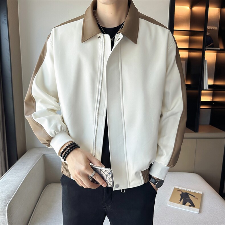 2025春装免洗pu皮皮衣翻领拼色休闲机车夹克外套男PY109-P110，男装夹克，电商A413