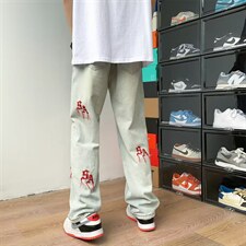 裤子男高街ins潮牌vibe美式牛仔裤女宽松直筒刺绣街头风N9305-P40，男装牛仔裤，星座1008