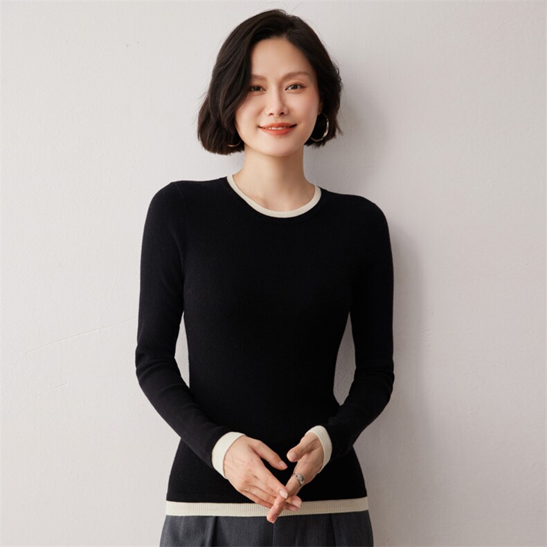 秋冬新款洋气时尚百搭显瘦女款圆领35%山羊绒衫,女装羊绒衫,艾巧羊绒