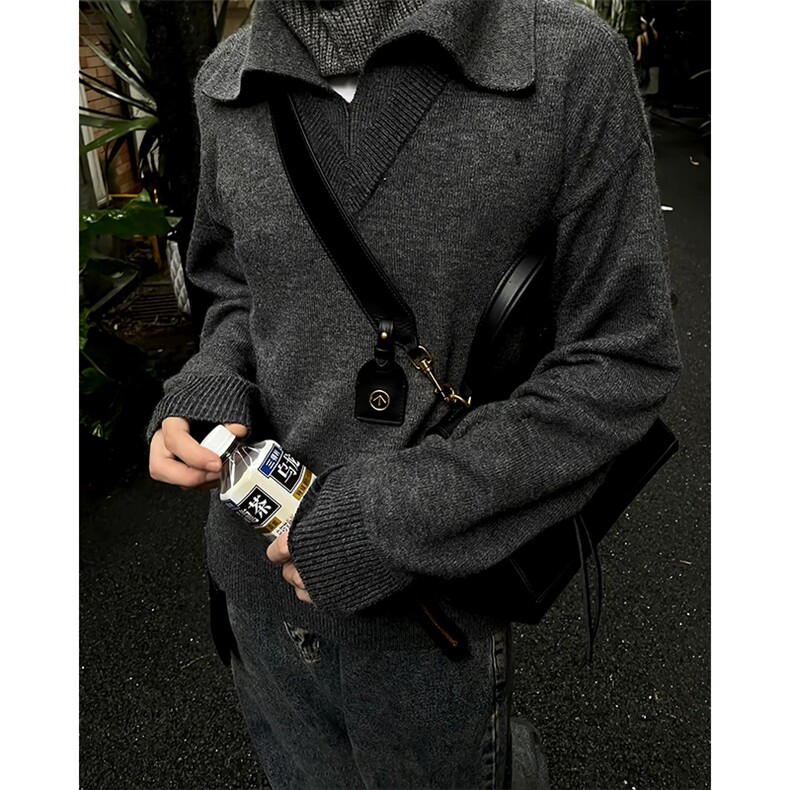 重磅北极绒假两件衬衫领毛衣美式高街复古休闲慵懒纯色翻领针织衫，男装针织衫/毛衣，电商A486-1