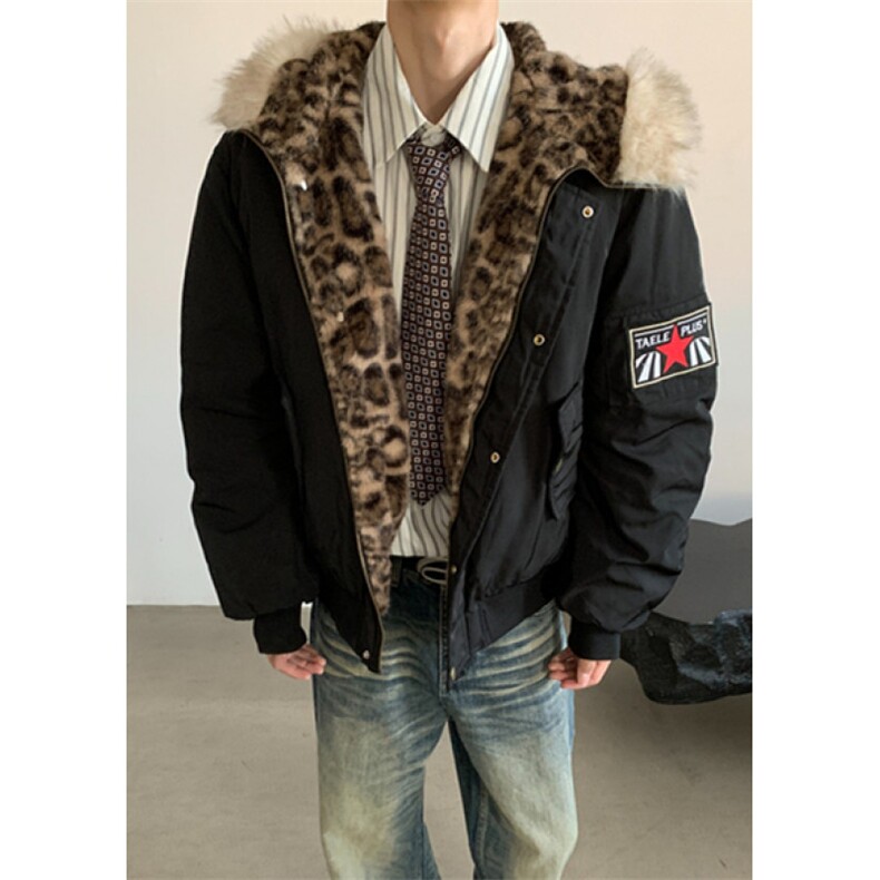 美式复古棉袄派克服豹纹毛领连帽棉服男冬季加厚棉衣外套 M5036图片