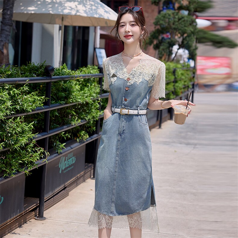 欧货时尚连衣裙女夏季新款韩系洋气减龄蕾丝拼接牛仔开叉半身裙潮,女装连衣裙,慕依路
