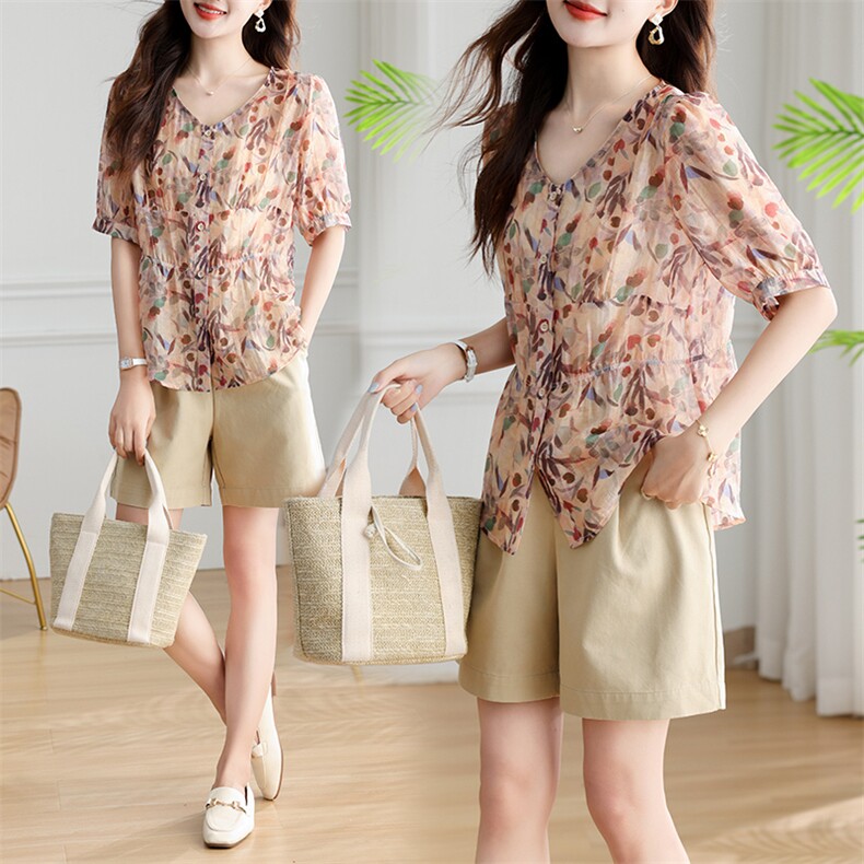 棉麻短裤套装女2025夏装时尚流行天丝碎花衬衫宽松显瘦漂亮两件套，女装套装/套裙，深水步